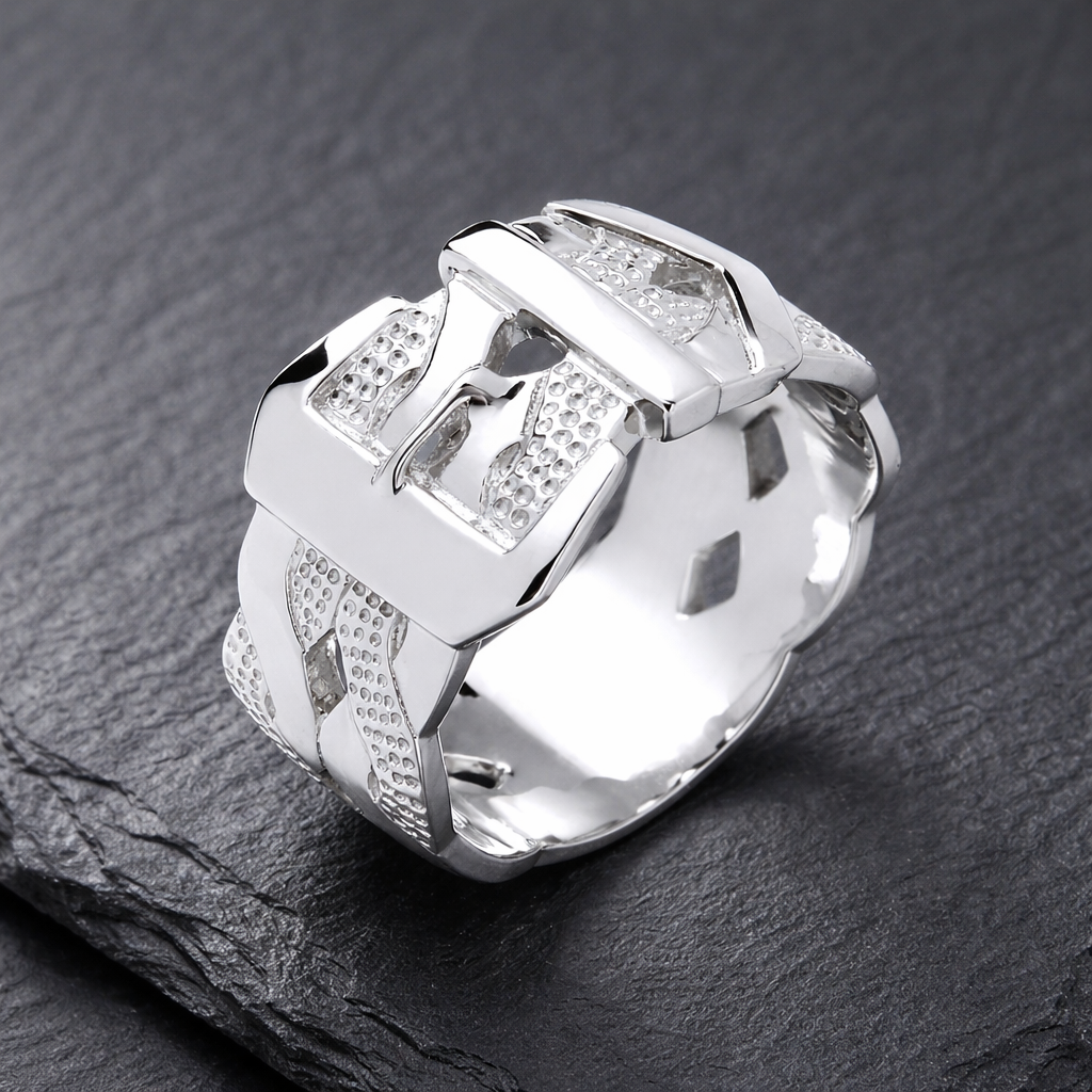 Mens Chunky Buckle Ring Solid Sterling Silver with a polished finish and unique design.