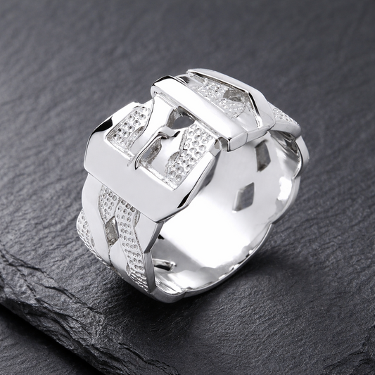 Mens Chunky Buckle Ring Solid Sterling Silver with a polished finish and unique design.