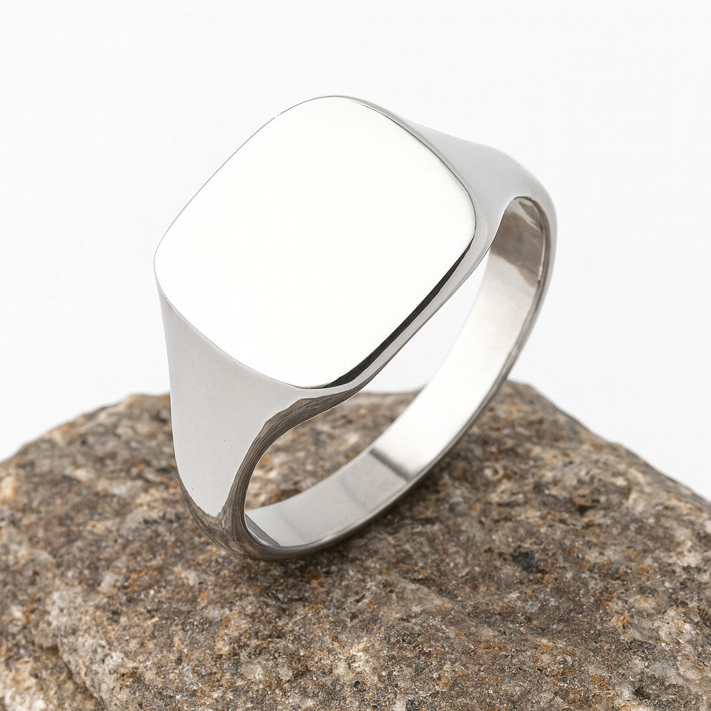 Stylish Mens Cushion Signet Ring in polished silver, perfect for elegant occasions
