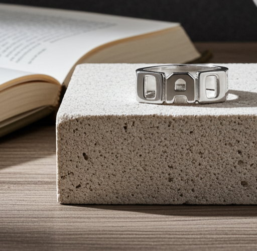 J R Jewellery Mens DAD Ring in silver resting on a textured stone surface beside an open book