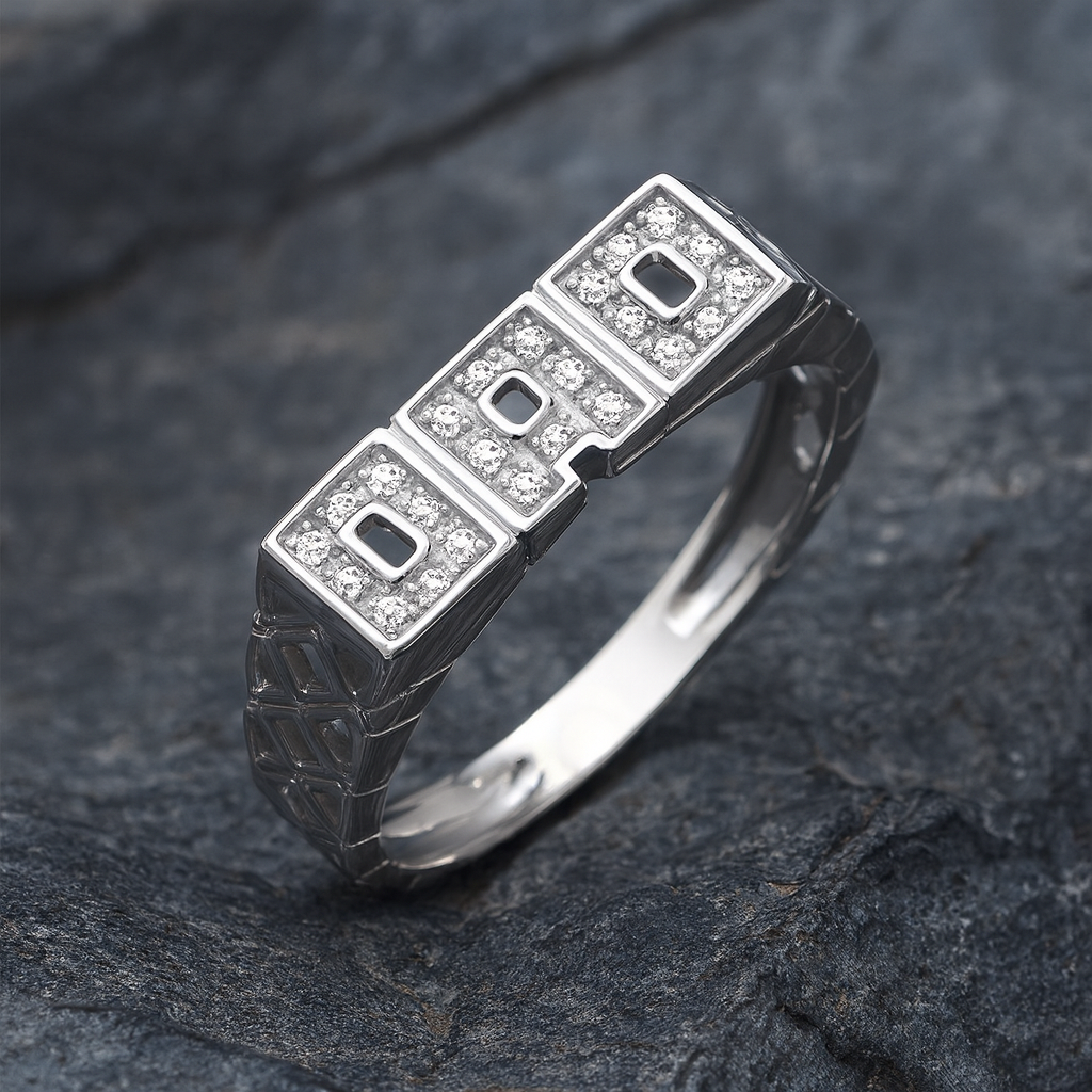 Mens DAD Ring Solid Sterling Silver with Sparkling Diamond Accents on a Modern Design