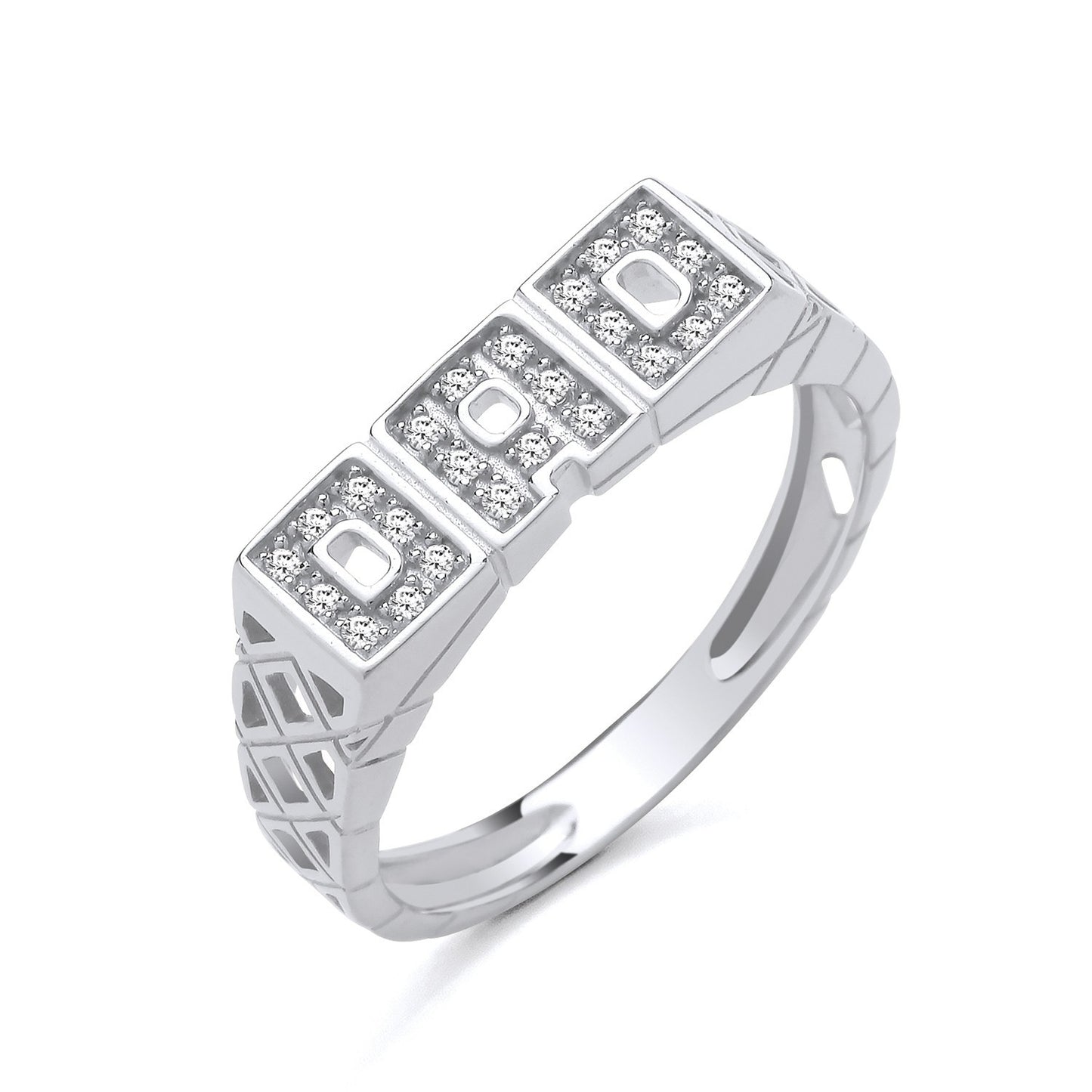 Mens DAD Ring Solid Sterling Silver with a unique block design and sparkling accents