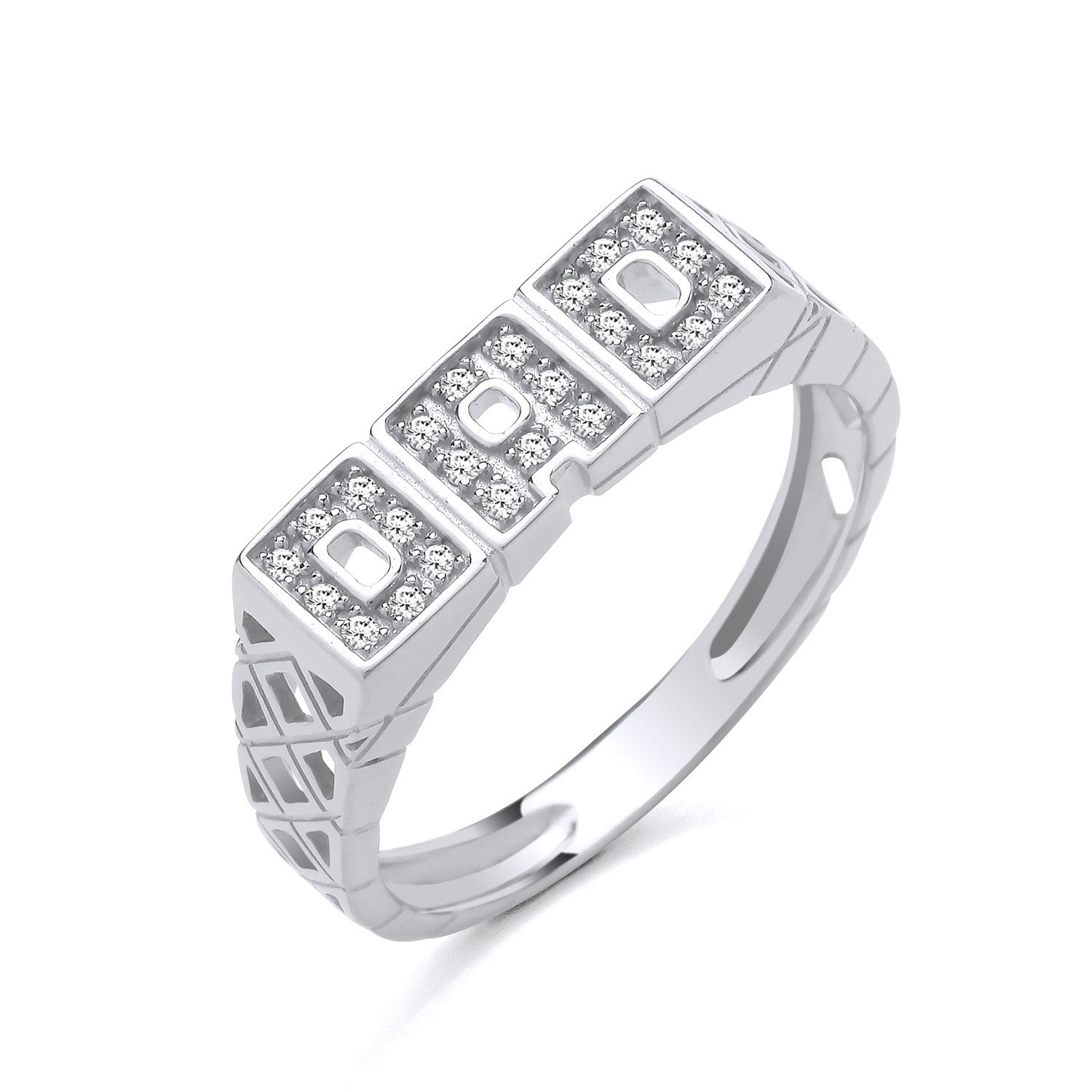 Mens DAD Ring Solid Sterling Silver with a unique block design and sparkling accents