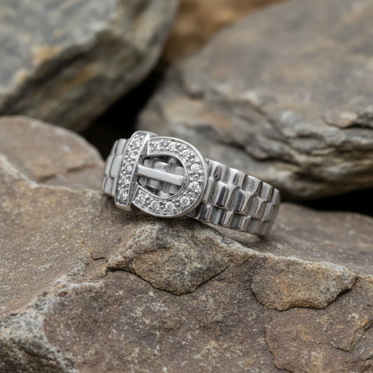 Men's Real Diamond Buckle Ring 9ct White Gold Band Pinky Engagement Wedding