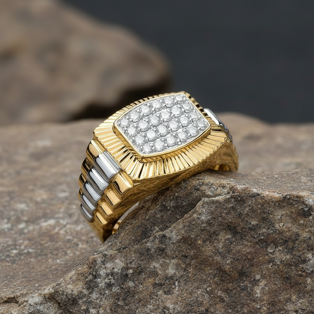 Men's Real Diamond Signet Ring Watch Strap Design 9ct White and Yellow Gold