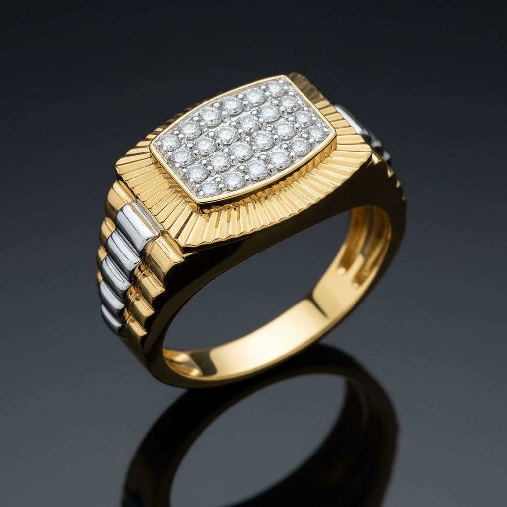 Men's Real Diamond Signet Ring Watch Strap Design 9ct White and Yellow Gold