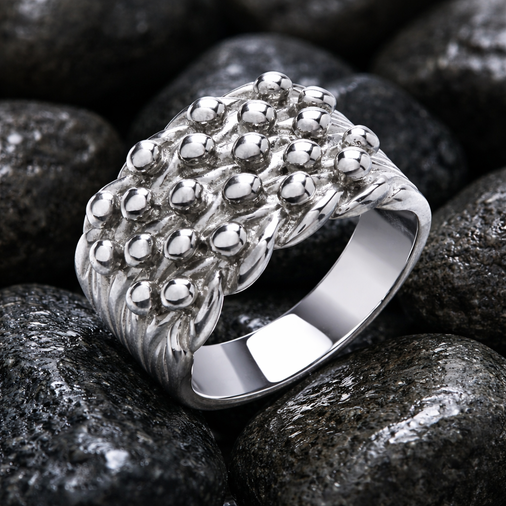Mens Five Row Keeper Ring Solid Sterling Silver with a unique texture and polished finish on grey stones