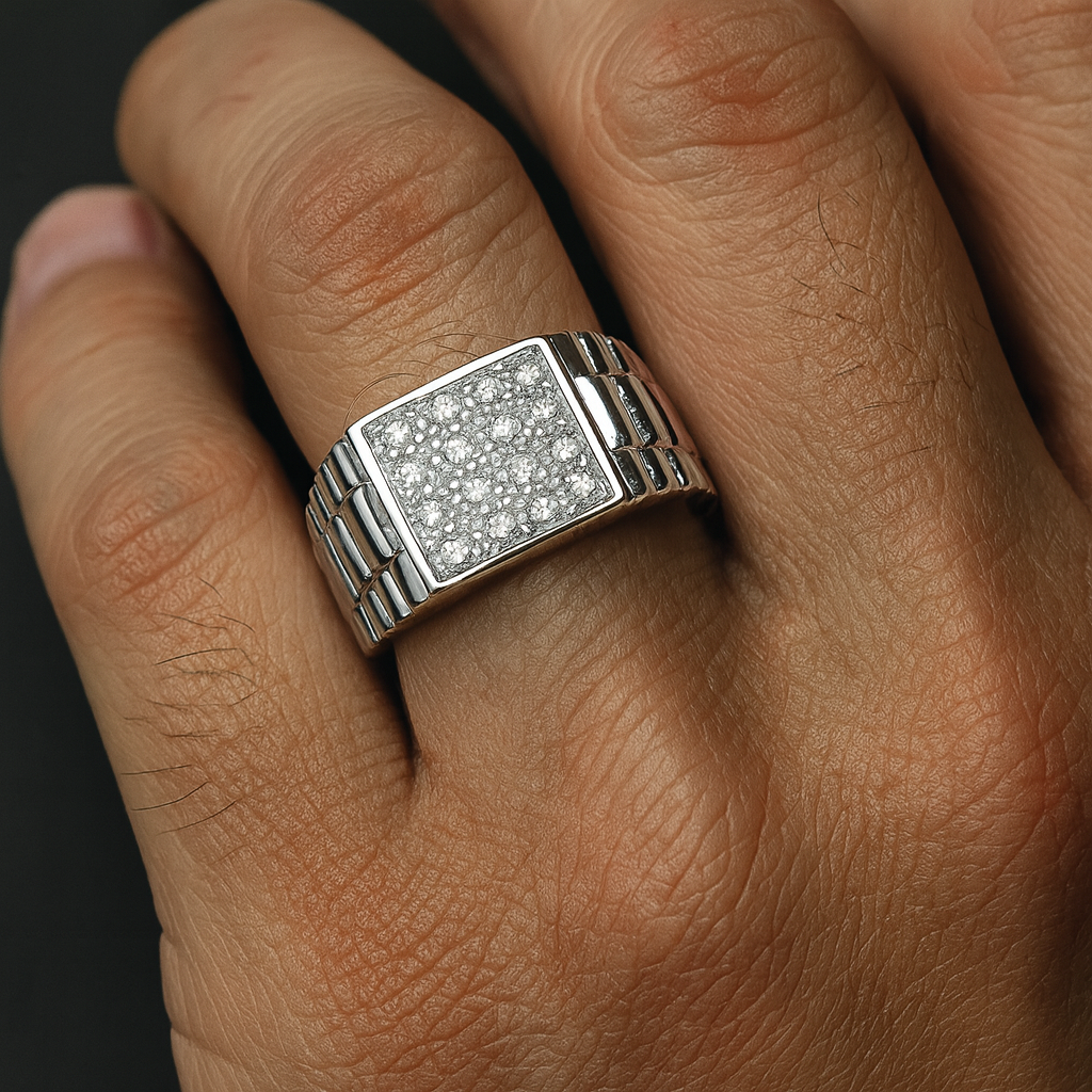 Stylish Mens Gemstone Signet Ring with a Square Face and Shiny Silver Band