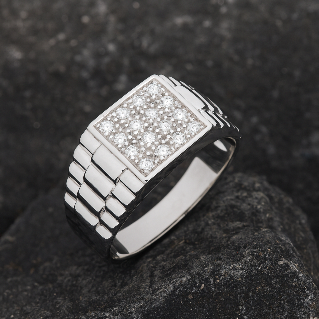 Stylish Mens Gemstone Signet Ring with Sparkling Stones on a Sleek Polished Band