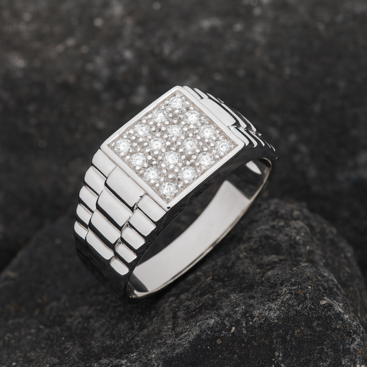 Stylish Mens Gemstone Signet Ring with Sparkling Stones on a Sleek Polished Band