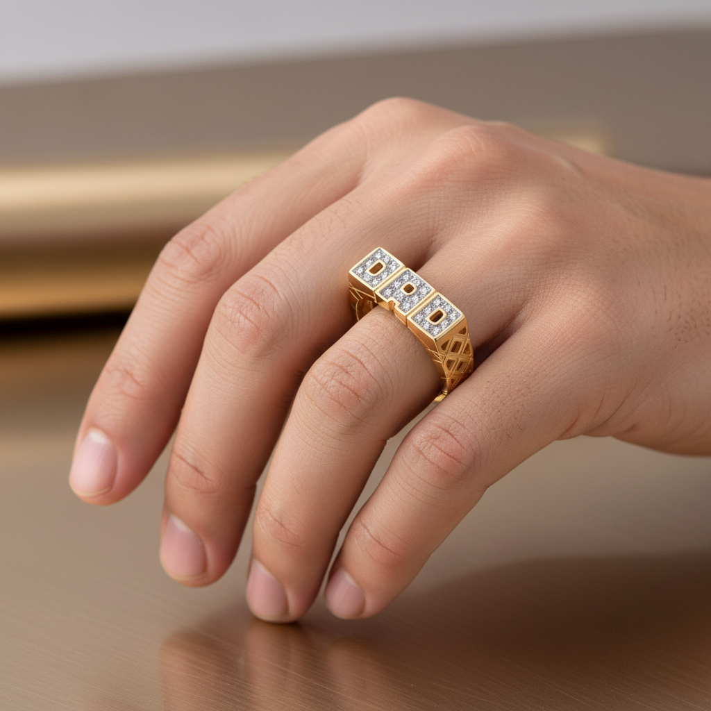 Stylish mens gold dad ring with a unique design featuring sparkling details