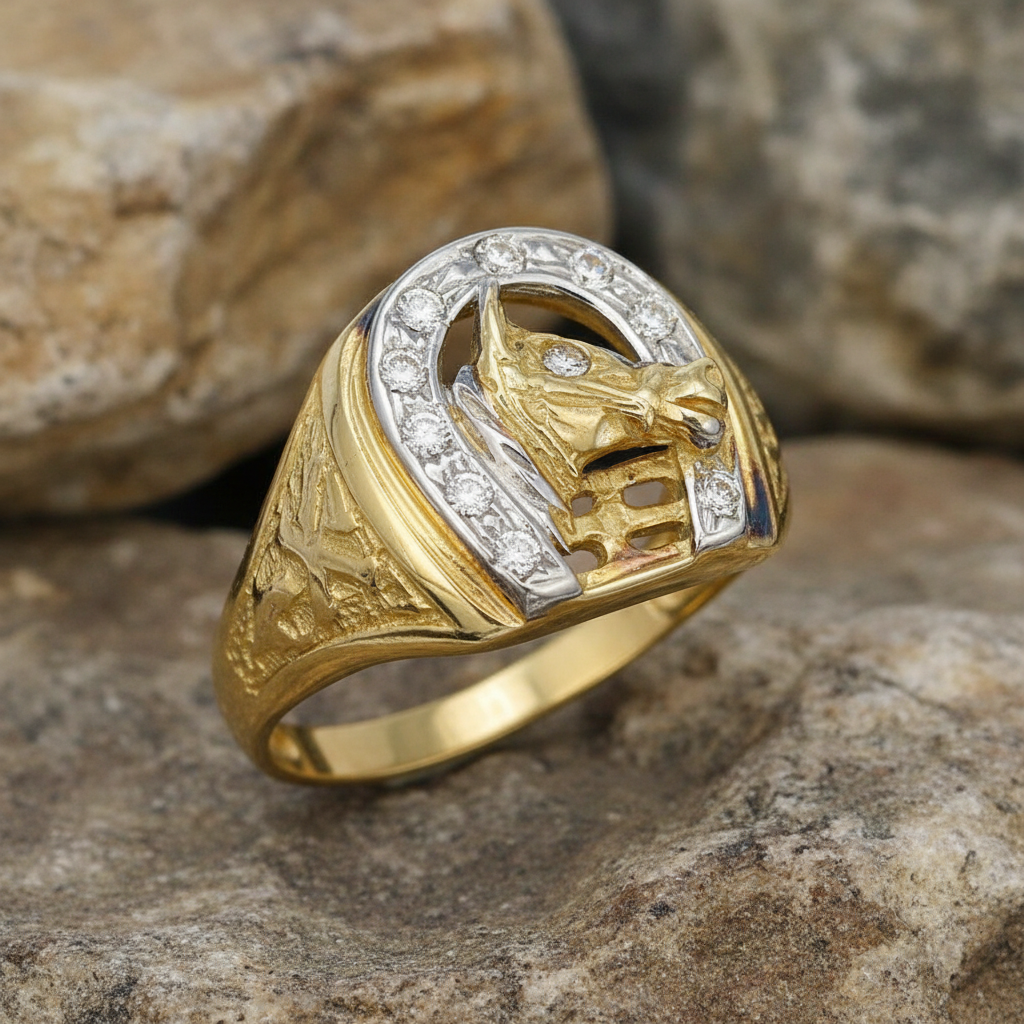 Men's Gold Horseshoe Ring With Horse Head Design