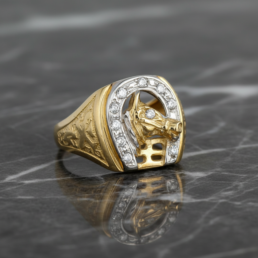 Men's Gold Horseshoe Ring With Horse Head Design