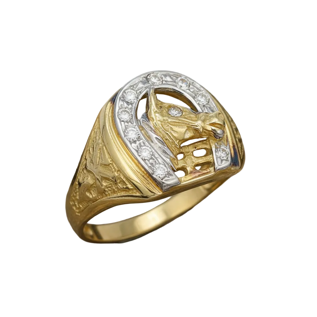 Men's Gold Horseshoe Ring With Horse Head Design