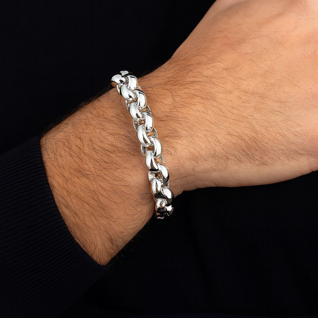 Mens Heavy Belcher Bracelet Solid Silver displayed on a wrist for a stylish look