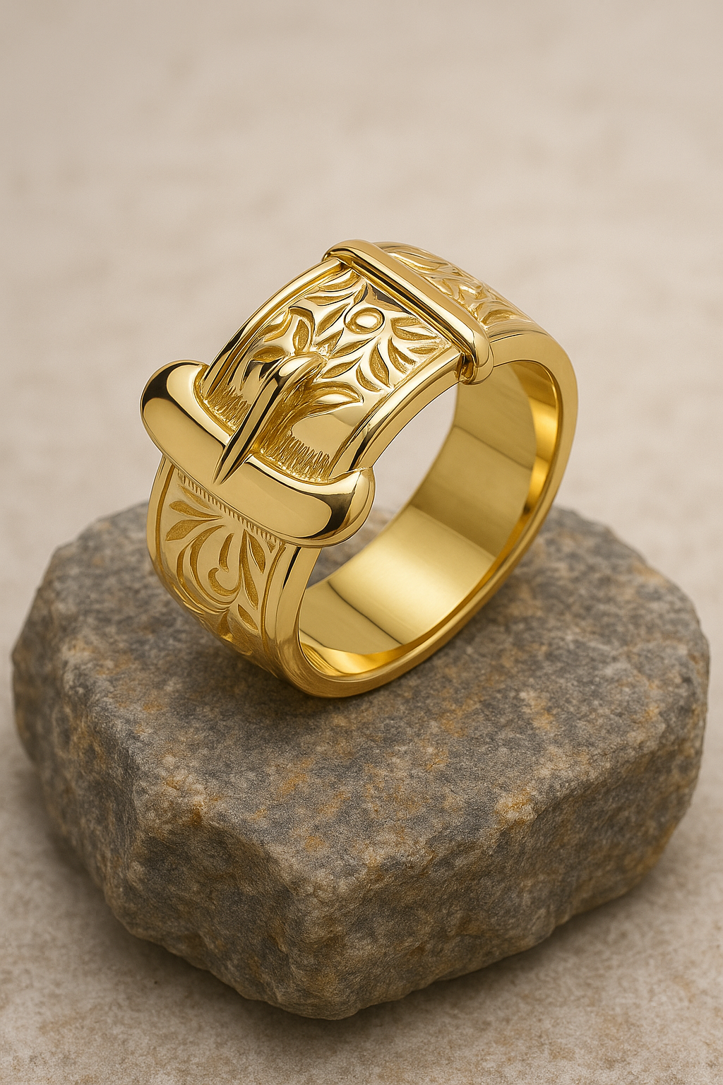 Mens Heavy Buckle Ring 18ct Yellow Gold with intricate engravings on a textured surface