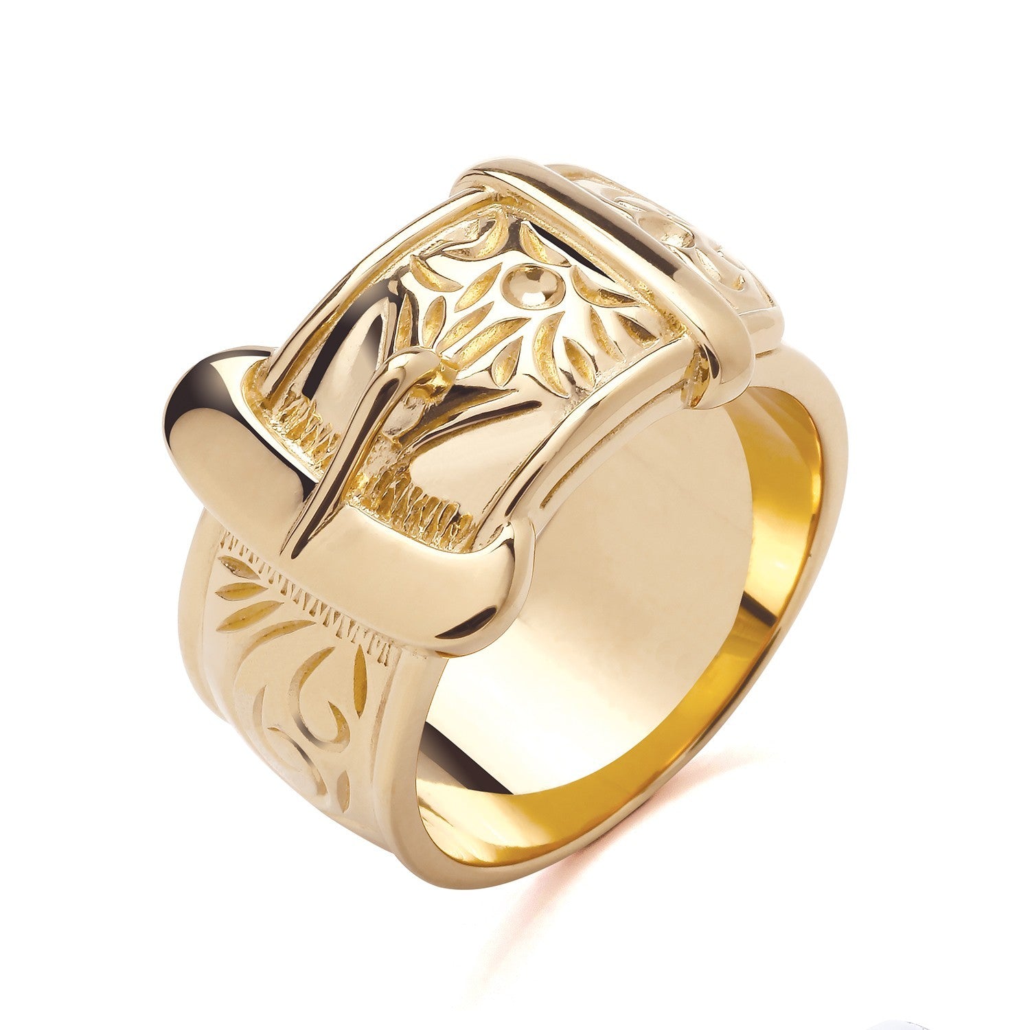 Mens Heavy Buckle Ring 18ct Yellow Gold with Intricate Engraved Design and Glossy Finish