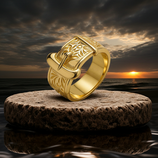 Mens Heavy Buckle Ring 18ct Yellow Gold with intricate detailing on a natural stone background