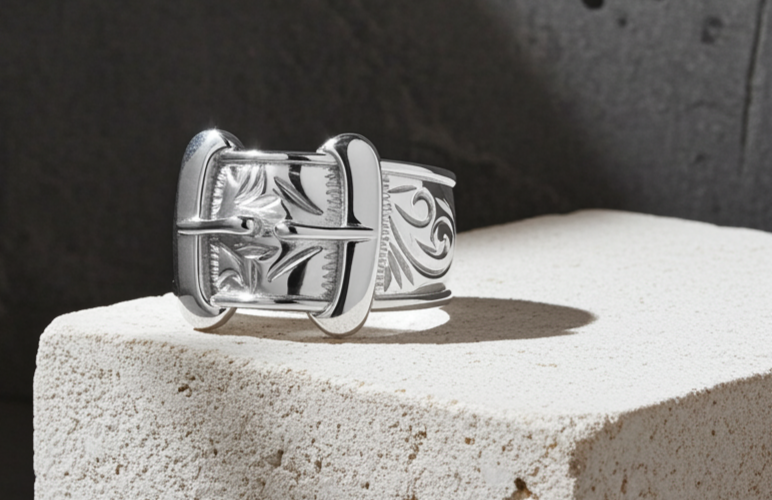 Mens Heavy Buckle Ring in Silver with Intricate Engravings and Polished Finish