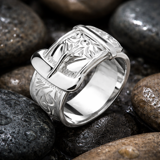 J R Jewellery Mens Heavy Buckle Ring with intricate floral engravings on a polished silver band