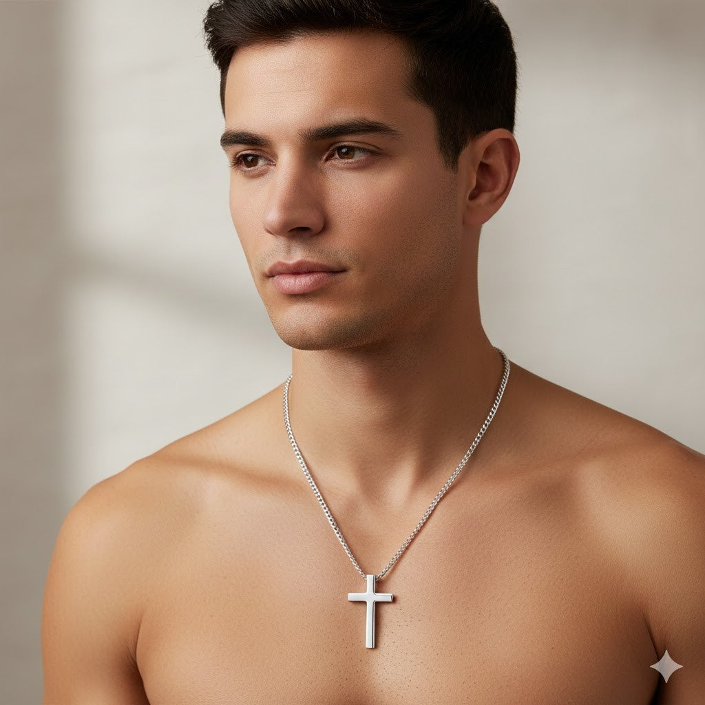 Mens Heavy Weight Cross Pendant worn by a model showcasing its stylish design and craftsmanship