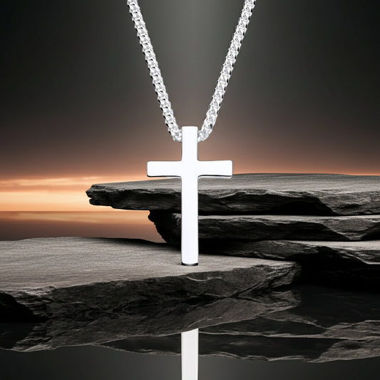 J R Jewellery Mens Heavy Weight Cross Pendant on a silver chain with a sleek design