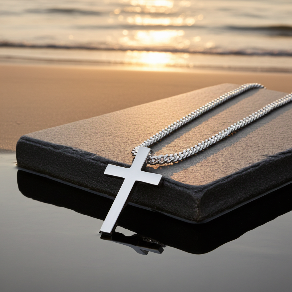 Mens Heavy Weight Cross Pendant on a Silver Chain Resting on a Smooth Black Surface