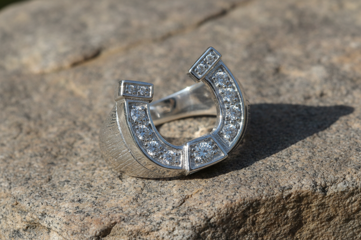 Mens Horseshoe Ring Solid Sterling Silver with Sparkling Clear Crystals for a Stylish Look