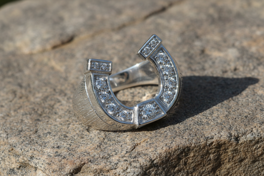 Mens Horseshoe Ring Solid Sterling Silver with Sparkling Clear Crystals for a Stylish Look