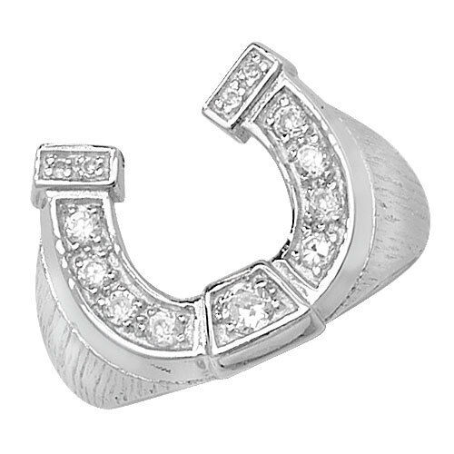 Mens Horseshoe Ring Solid Sterling Silver with Sparkling Accents and Smooth Finish