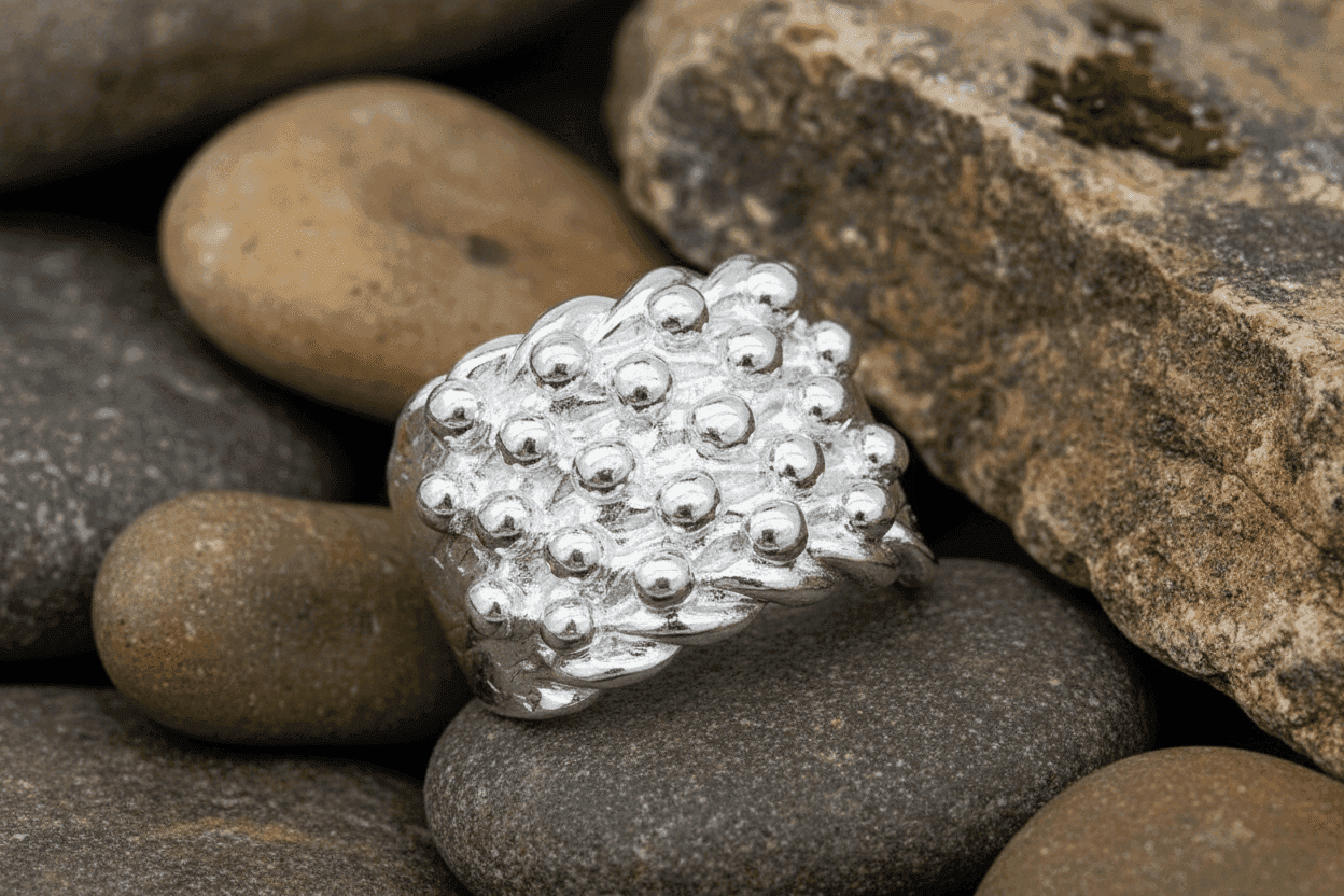 Mens Keeper Ring Sterling Silver featuring a textured design with rounded details on smooth stones