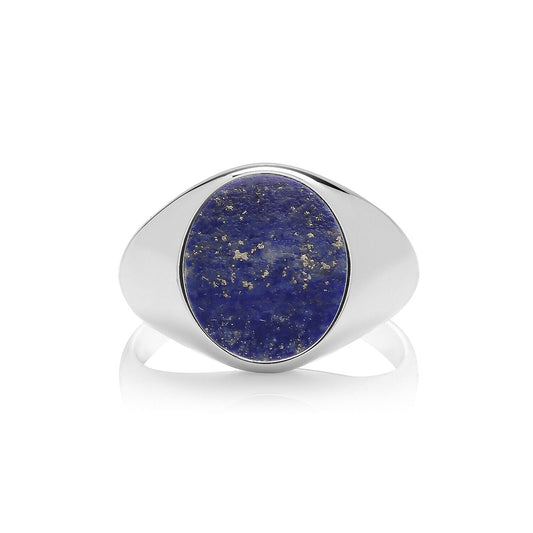 J R Jewellery men's lapis signet ring with polished silver band and deep blue stone