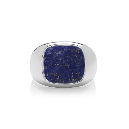 J R Jewellery men's lapis signet ring with polished silver band and deep blue lapis stone