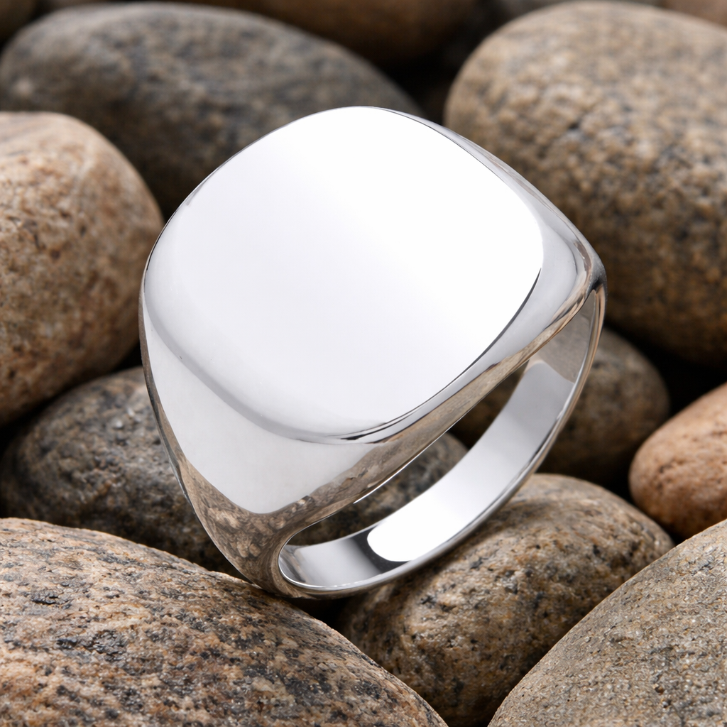 Mens Large Cushion Signet Ring in polished silver, perfect for stylish accessories