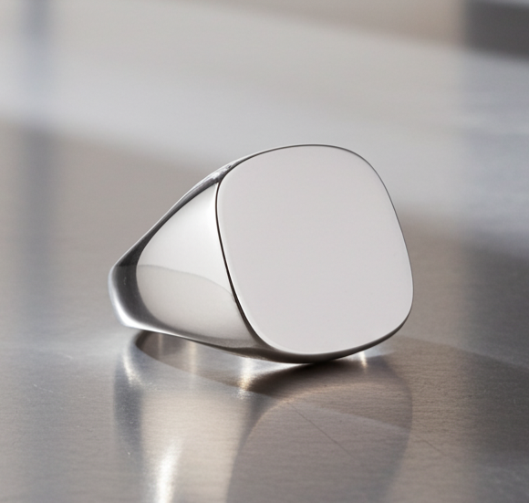 J R Jewellery Mens Large Cushion Signet Ring in polished silver, perfect for engraving or casual wear