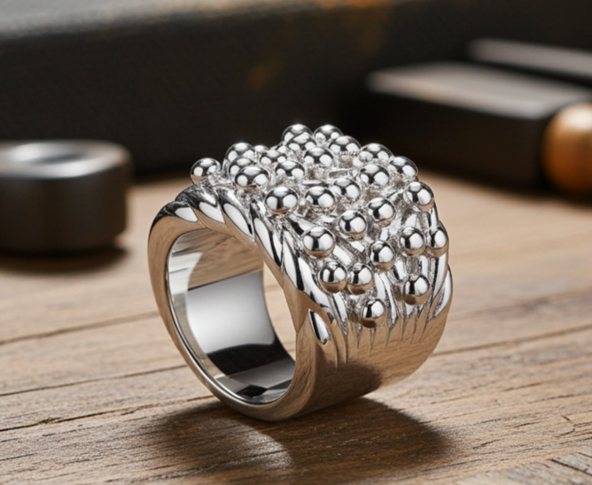 J R Jewellery Mens Large Heavy Keeper Ring with a unique textured design and polished finish