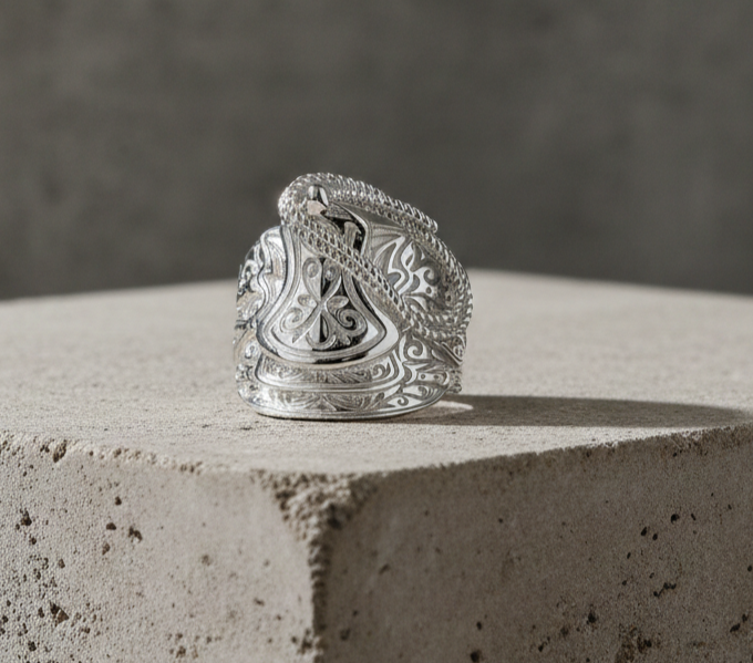 Mens Large Saddle Ring by J R Jewellery featuring intricate designs and polished silver finish