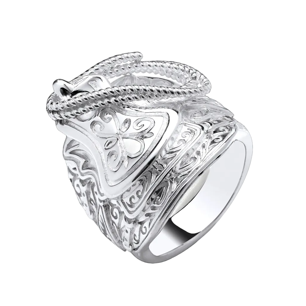 J R Jewellery Mens Large Saddle Ring with Intricate Design and Polished Silver Finish
