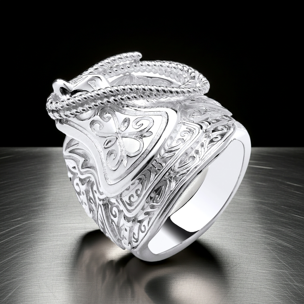 Mens Large Saddle Ring by J R Jewellery with intricate silver detailing and a polished finish