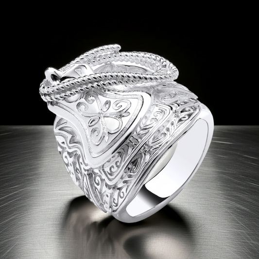 Mens Large Saddle Ring by J R Jewellery with intricate silver detailing and a polished finish