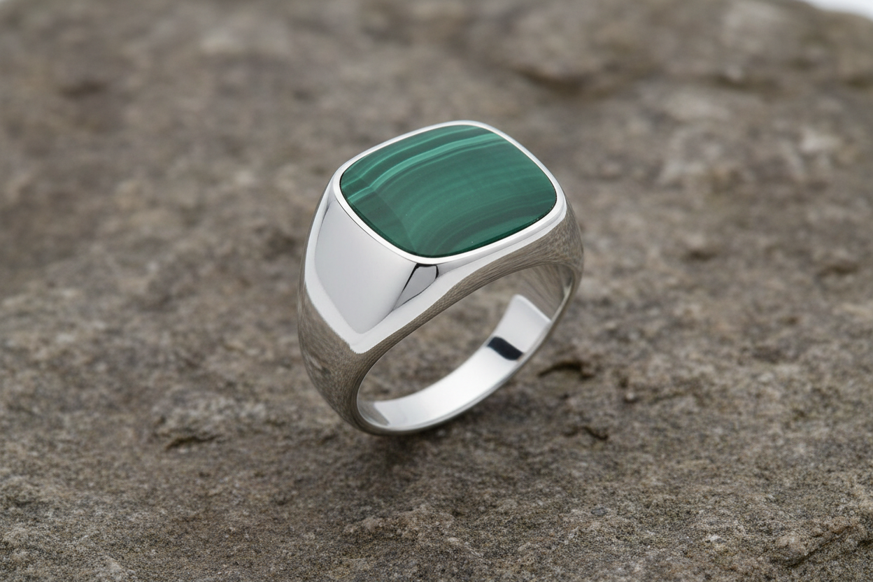 Men's Malachite Cushion Signet Ring Gents Sterling Silver Engagement Size O-Z