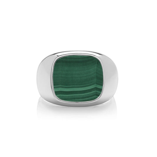 Men's malachite signet ring with polished silver band and rectangular green malachite stone