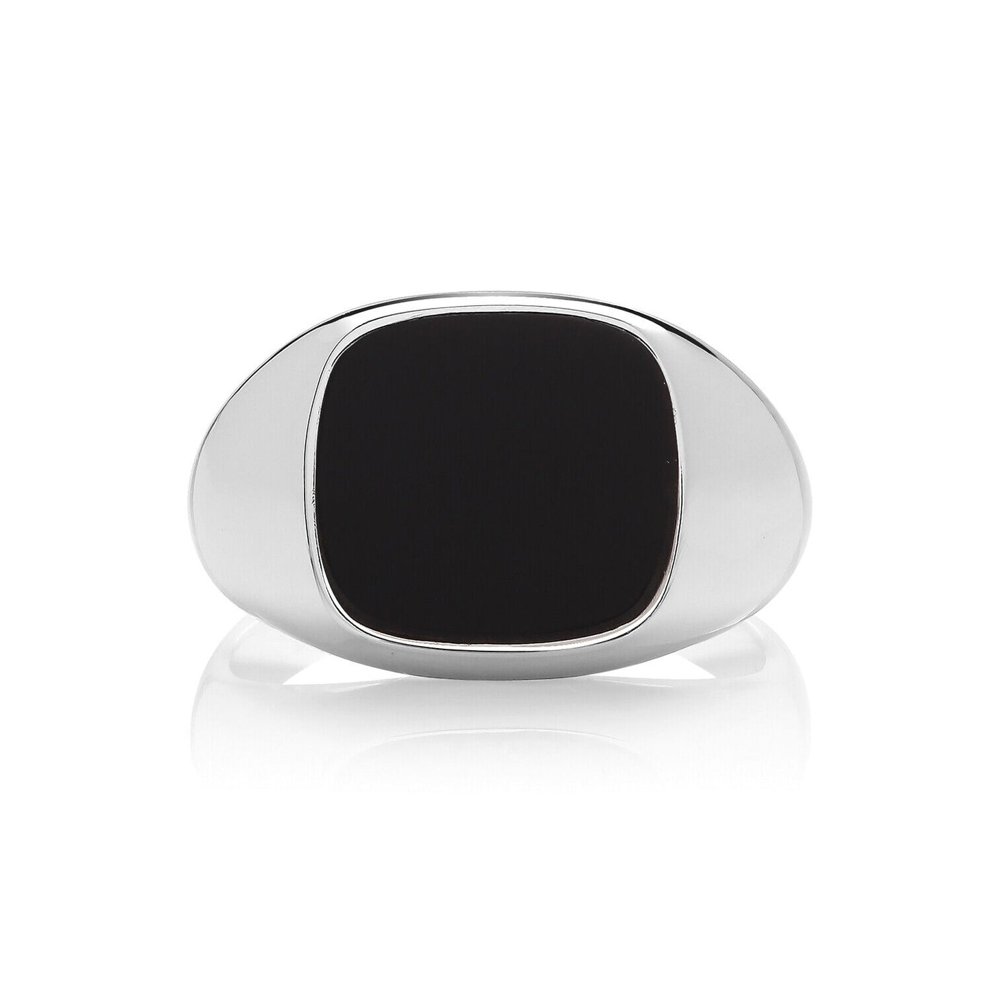 Men's Onyx Cushion Signet Ring in polished silver with a large black onyx stone