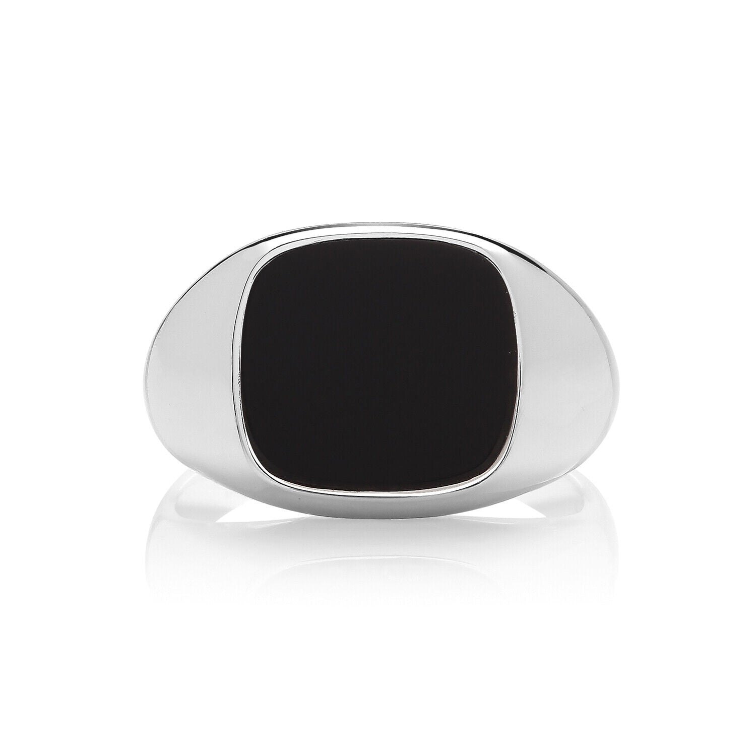 Men's Onyx Cushion Signet Ring in polished silver with a large black onyx stone