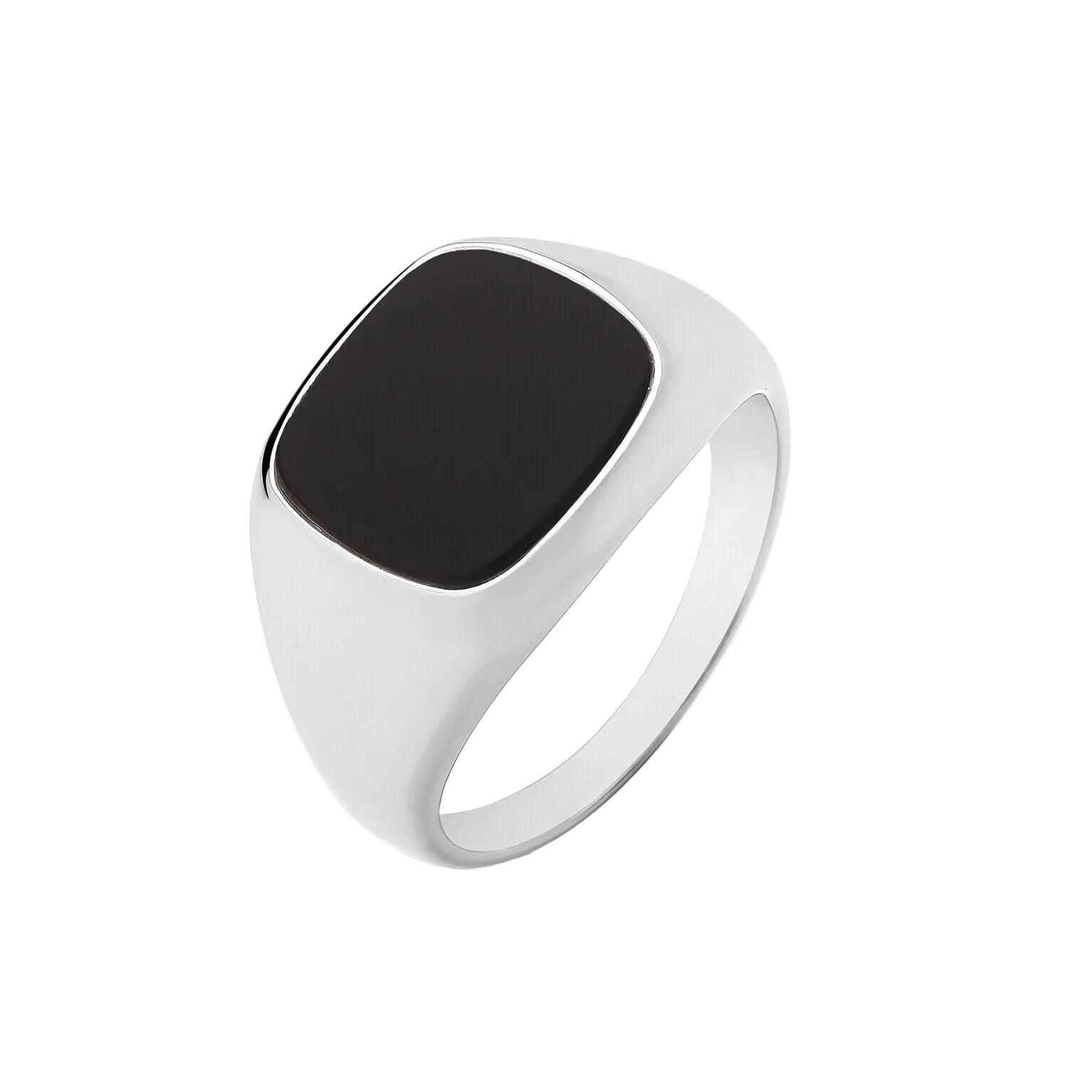 Men's Onyx Cushion Signet Ring in polished silver with a sleek black onyx stone