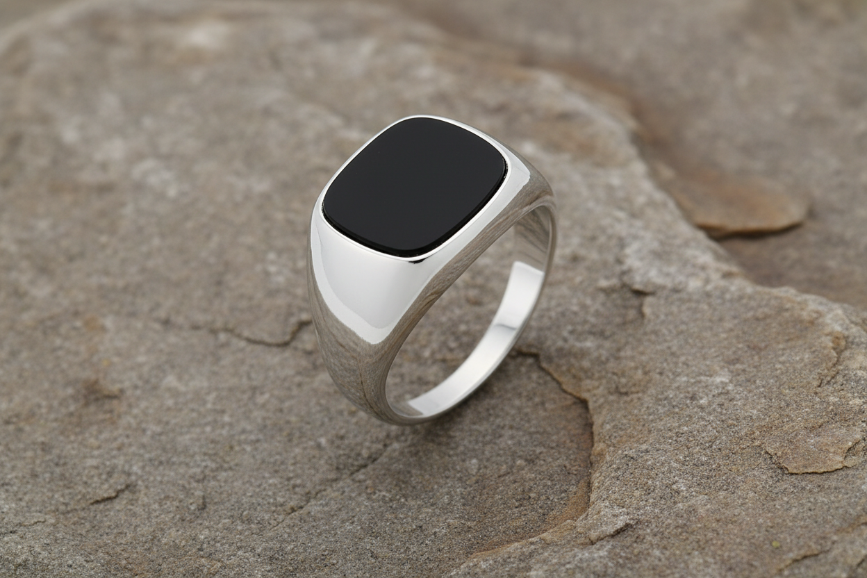 Men's Onyx Cushion Signet Ring in polished silver setting for a sleek and stylish look