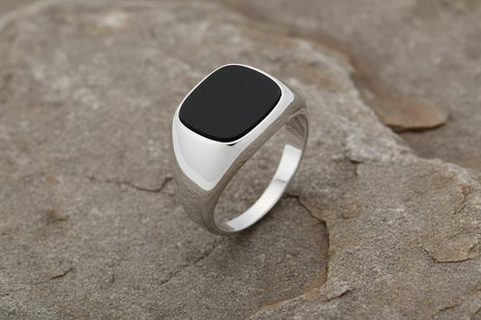Men's Onyx Cushion Signet Ring in polished silver setting for a sleek and stylish look
