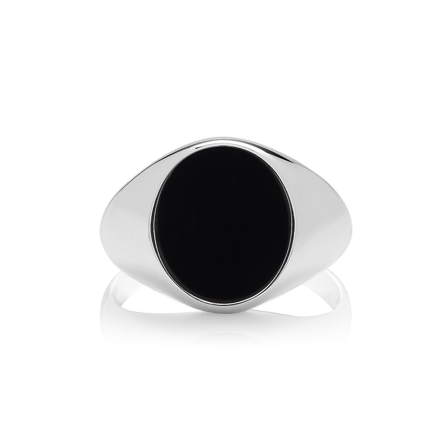 Men's Onyx Oval Signet Ring in polished silver with a sleek black onyx stone