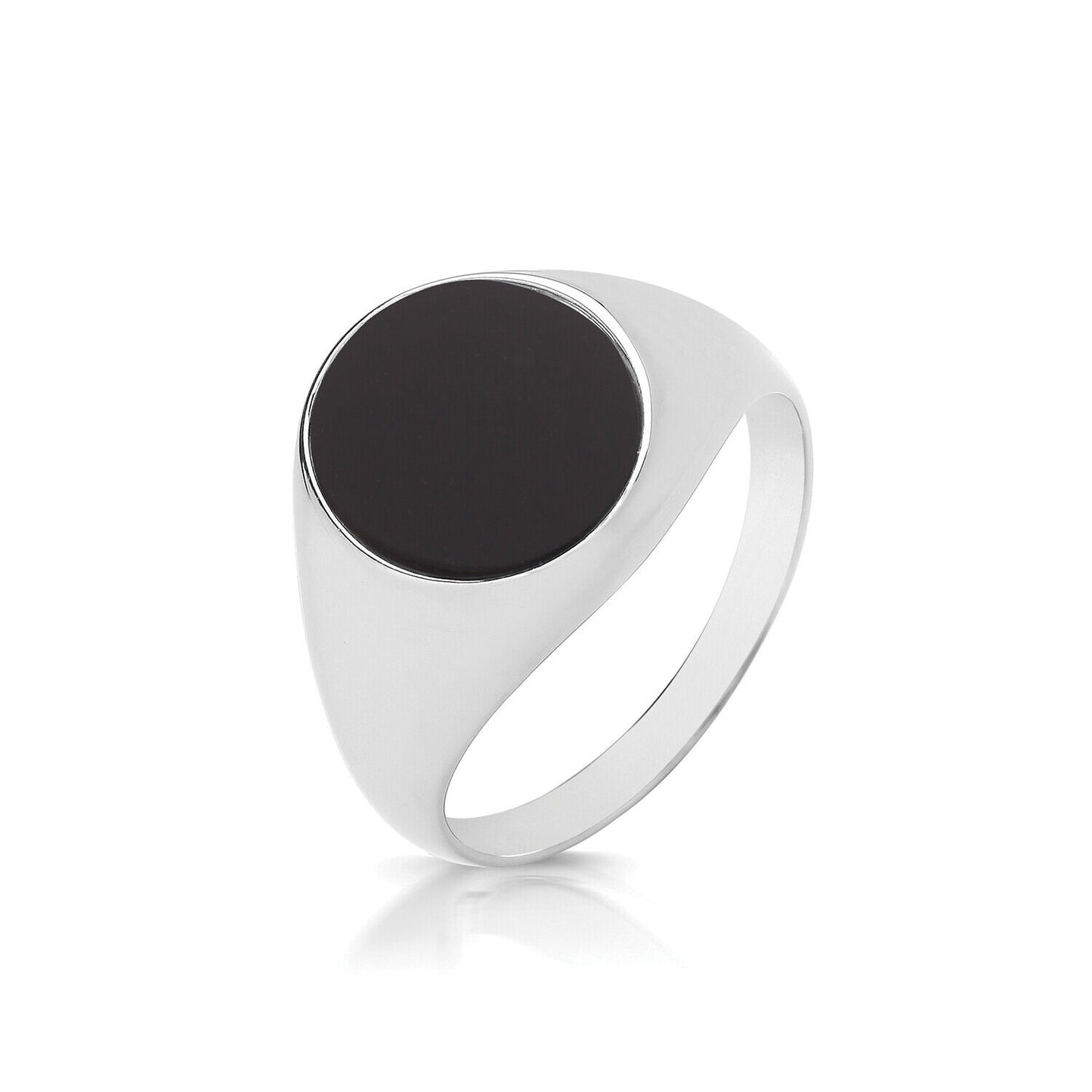 Men's Onyx Oval Signet Ring in polished silver with a smooth black onyx stone