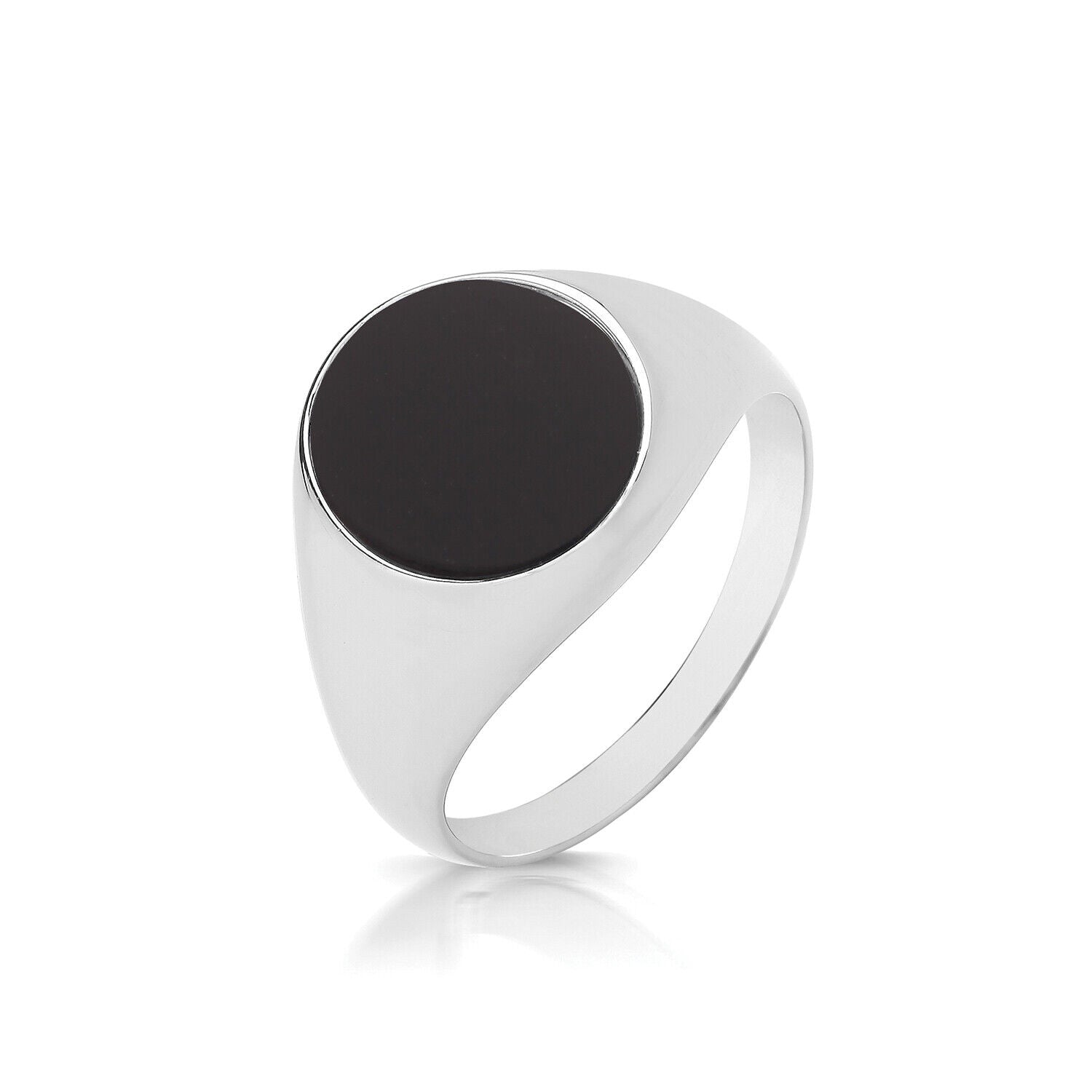 Men's Onyx Oval Signet Ring in polished silver with a smooth black onyx stone